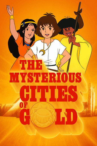 The poster features three animated characters against a vibrant orange background, exuding mystery and adventure. The characters are dressed in colorful outfits, with one person raising a hand in excitement, another pointing upward, and a third holding a staff. The title "The Mysterious Cities of...