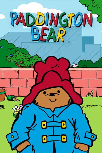 The poster features Paddington Bear, a cheerful brown bear wearing a red hat and blue coat, standing confidently in a vibrant garden. The scene is filled with bright colors—reds, blues, greens, and yellows—from the sky, trees, and the bear's clothing. A smiling face and playful expressions convey...