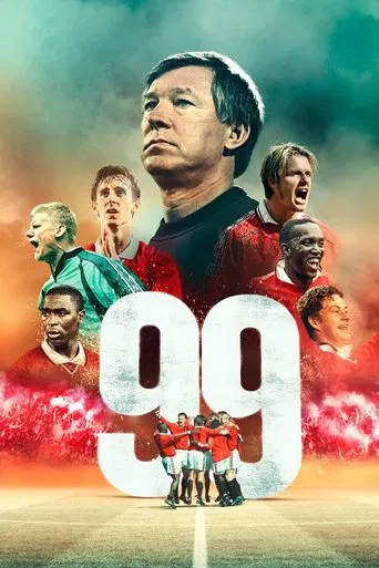 The poster features a central figure in a red jersey with the number 99 prominently displayed, surrounded by smaller images of football players in various poses. The background is a vibrant mix of green and red hues, creating an energetic atmosphere. The overall mood suggests a dynamic sports dra...