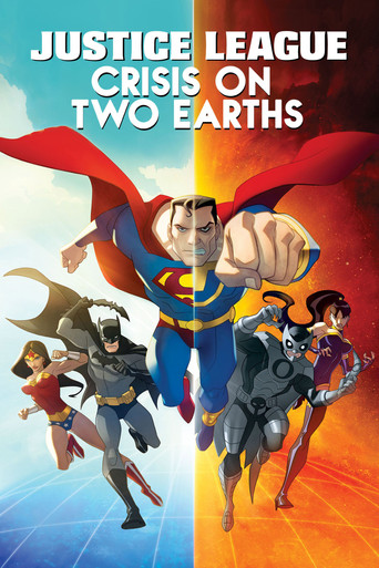 The poster features Superman and other heroes in dynamic poses against a split background of blue and orange. The mood is heroic and adventurous, capturing the essence of the Justice League's mission to save the world from cosmic threats.