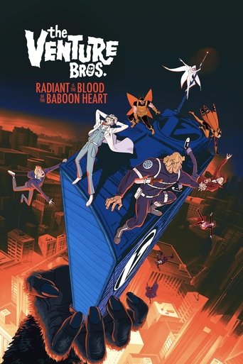 The Venture Bros. poster features a dynamic scene with characters in mid-air against a fiery, orange background. The blue cape and the white silhouette of a character create a striking contrast. The dark, moody atmosphere suggests an action-packed adventure.