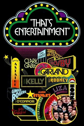 This vibrant movie poster for "That's Entertainment!" features a lively scene with actors in colorful costumes, exuding excitement and energy. The poster's design uses bright neon greens, purples, and yellows against a black background, creating a dynamic and eye-catching visual. The overall mood...