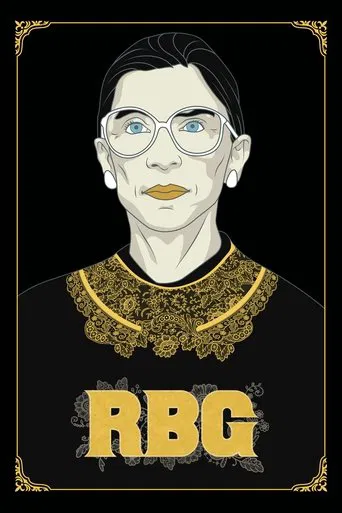 This movie poster features a stylized illustration of a woman with glasses and a gold collar, set against a black background. The bold "RBG" text in gold emphasizes the movie's name. The mood is mysterious and intriguing, hinting at a complex narrative.