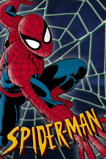 This vibrant poster features Spider-Man in dynamic action, his red and blue suit glowing against a dark web background. The bold yellow text "Spider-Man" dominates the lower portion, capturing the iconic superhero's essence with energy and excitement.