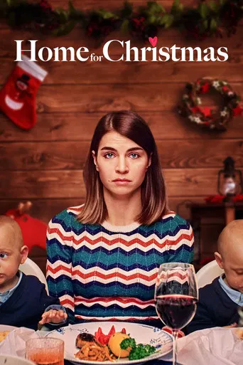 The poster features a woman in a festive sweater sitting at a table with children, surrounded by holiday decorations like stockings and wreaths. Warm colors of red, blue, and green evoke a cozy, heartwarming Christmas atmosphere.