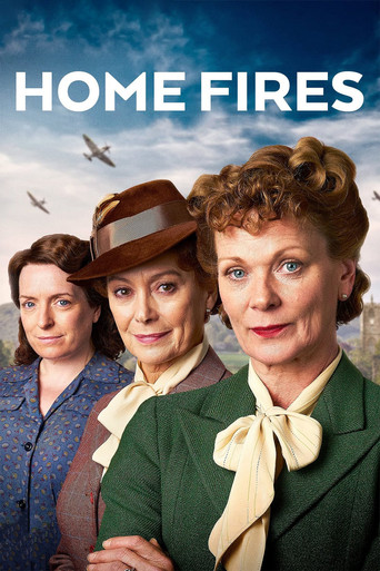The poster features three women in period clothing against a bright sky, evoking a nostalgic yet modern atmosphere. The warm tones of their dresses and the sunny backdrop create a cozy, inviting mood that hints at the show's blend of historical drama and contemporary storytelling.