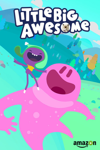 The poster features a cheerful pink creature with a wide grin, surrounded by colorful characters in playful poses. The vibrant turquoise background and bright pink hues create a lively, energetic atmosphere, suggesting fun and adventure.