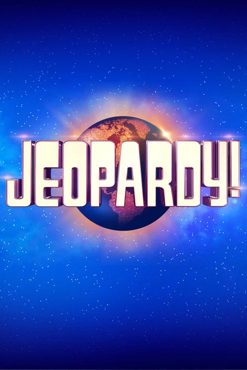 The poster features a man in a suit standing confidently in front of a brightly lit stage with a grid of illuminated screens. The bold "JEOPARDY!" title at the top sets a humorous and energetic tone, while the reflective floor adds depth to the scene. The overall mood is lively and inviting, capt...