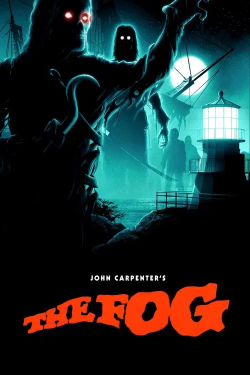 The poster features a dark, eerie scene with a towering figure holding a lantern, glowing red eyes, and a moonlit lighthouse in the background. The color palette is dominated by deep blues and blacks, creating a mysterious and spooky atmosphere.