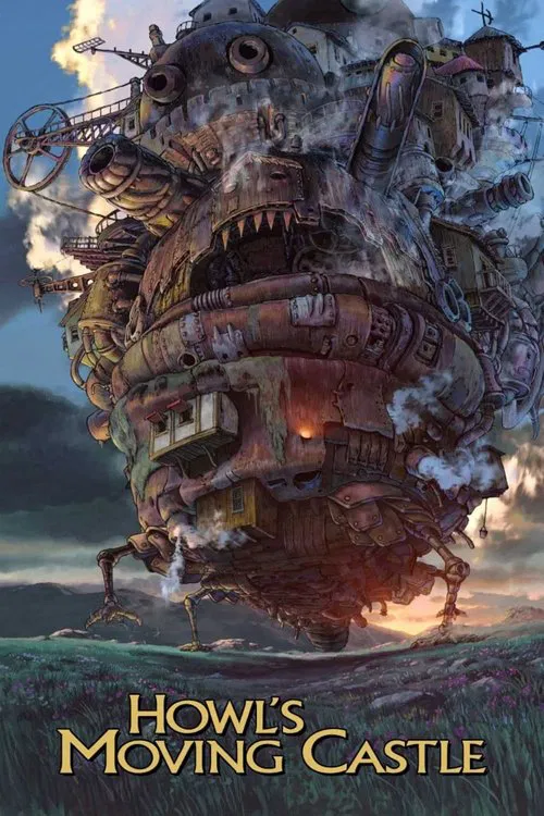 The poster depicts a colossal, rusted castle looming over a desolate landscape, with a lone figure standing defiantly in the foreground. The scene is bathed in warm, golden hues against a dark, moody sky, evoking a sense of melancholy and timeless mystery.