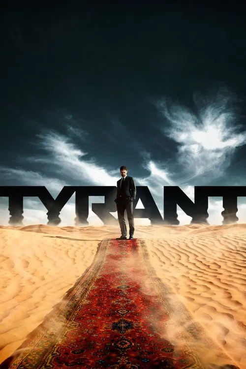 A lone figure stands on a golden sand path under a stormy sky, with the word "TYRANT" in bold letters looming behind. The scene conveys a sense of power and mystery, with the dramatic lighting and ominous clouds enhancing the suspenseful atmosphere.