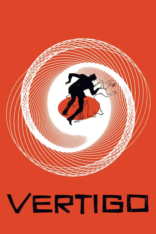 The poster features a silhouette of a dancer spinning on a red platform against a swirling white background, evoking the film's surreal and dizzying atmosphere. The bold orange and black color scheme enhances the sense of motion and intensity.