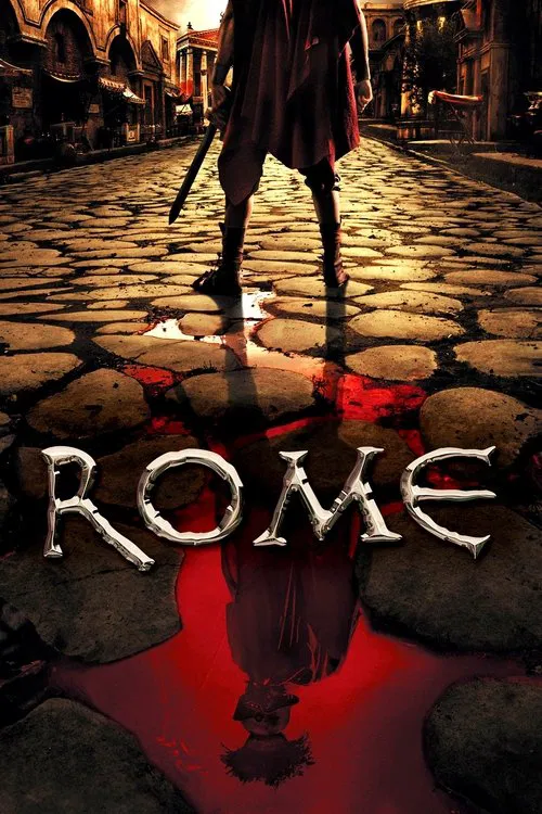 The poster features a mysterious figure standing on a cobblestone street, with a red reflection beneath the title "ROME." The dark, atmospheric mood evokes a sense of ancient mystery and intrigue.