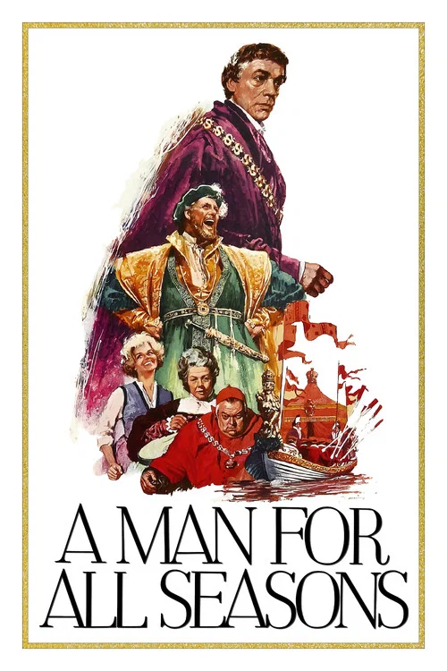 The poster features a silhouetted figure in a dark cloak against a vibrant yellow background, with the title "A Man for All Seasons" prominently displayed in bold, golden letters. Surrounding the silhouette are colorful, abstract figures in various poses, suggesting a narrative of camaraderie and...