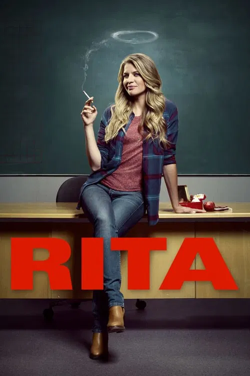 The poster features a glamorous blonde woman in a plaid shirt and jeans, holding a cigarette while sitting on a desk with chalk dust swirling above her. The bold red "RITA" text dominates the foreground, contrasting sharply with the muted background. The mood is playful and slightly rebellious, c...