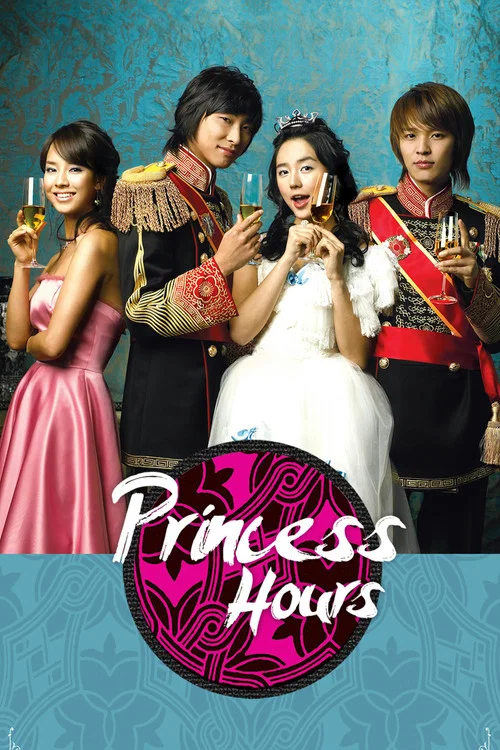 This poster features four young women in colorful, period-inspired outfits against a teal background. The central figure in a white gown exudes elegance, while others wear vibrant dresses and accessories. The pink and purple circular logo at the bottom hints at the show's fantasy theme. The mood ...