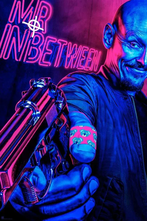 The poster features a muscular man with a glowing blue face and a pink wristband, holding a futuristic gun against a neon-lit background. The vibrant purple and blue hues create an intense, sci-fi atmosphere, emphasizing the show's action-packed and mysterious themes.