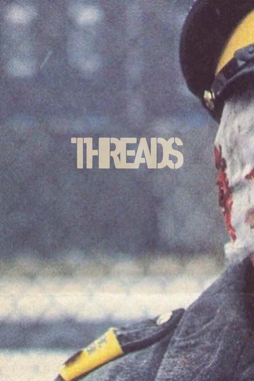 The poster features a dark, moody scene with a soldier in a trench coat and cap, holding a rifle. The background is filled with ominous red and black tones, suggesting danger and conflict. The title "THREADS" is prominently displayed in bold white letters at the top, emphasizing the film's title....