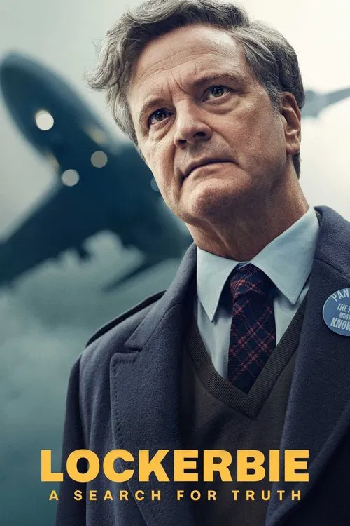 The poster features a somber, serious portrait of actor Kevin Bacon in a dark suit against a blurred background of a plane. The muted tones of gray and blue evoke a sense of mystery and gravity, while the bold yellow text "Lockerbie" and the subtitle "A Search for Truth" emphasize the dramatic an...