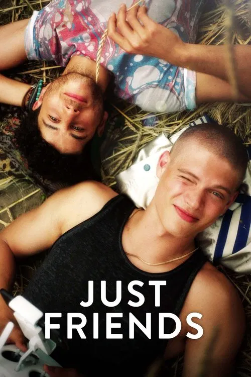 The poster features two young people lying on straw, exuding a carefree and joyful mood. Their casual poses and relaxed expressions convey a sense of friendship and fun. The vibrant colors of their clothing and the straw background add to the lively atmosphere, suggesting a fun and memorable expe...
