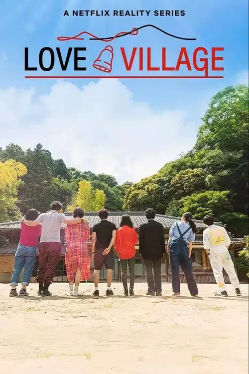 The poster features a group of diverse people standing together against a backdrop of lush green hills and a clear blue sky. Vibrant colors like reds, blues, and greens create a lively and inviting atmosphere. The title "Love Village" is prominently displayed in bold red letters, emphasizing the ...