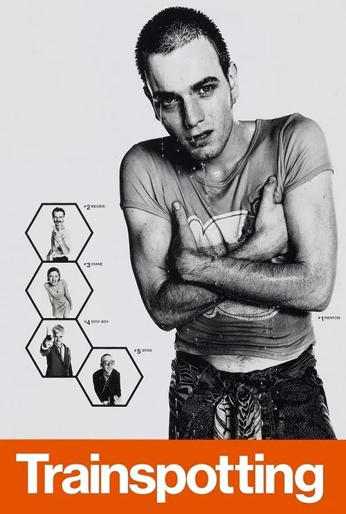 A gritty black-and-white poster featuring four characters in various poses—smiling, pointing, and laughing—against a stark gray background. The vibrant orange banner at the bottom spells out "Trainspotting" in bold, eye-catching letters. The mood is dark yet energetic, capturing the essence of th...
