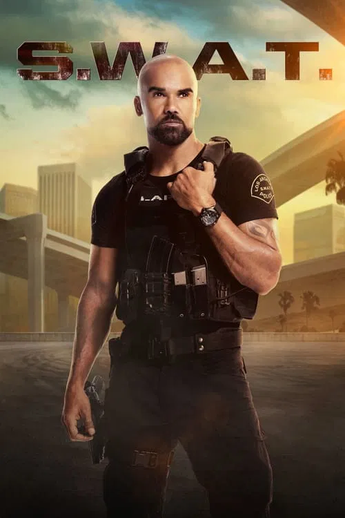 The poster features a muscular police officer in tactical gear, exuding authority and readiness. The vibrant blue and red hues create a high-energy atmosphere, with the bold "S.W.A.T." text dominating the left side. The background hints at an urban setting with blurred figures, suggesting action ...