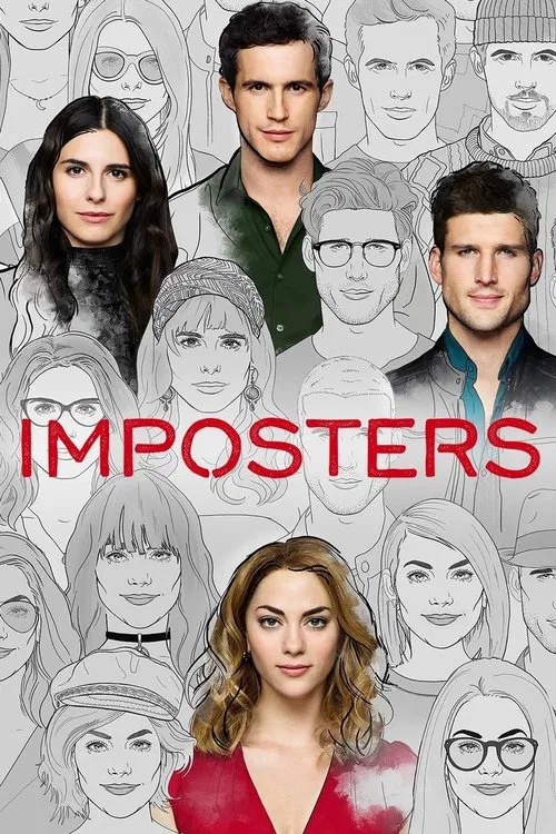The poster features a collage of diverse characters, each with a unique expression and attire, set against a neutral background. The bold red text "IMPOSTERS" stands out prominently, suggesting themes of deception and social engineering. The overall composition conveys a mysterious and intriguing...