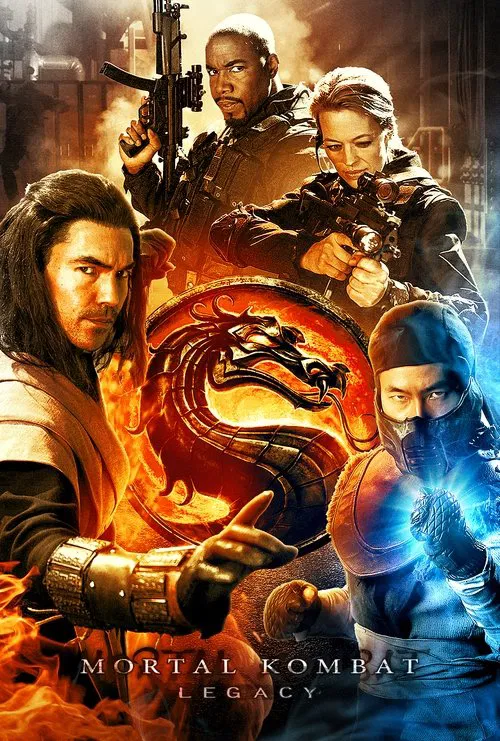 This poster showcases the cast of Mortal Kombat: Legacy, featuring intense action poses with dramatic lighting. The fiery orange and blue hues create a powerful, high-energy atmosphere, while the characters' determined expressions convey readiness for combat. The title "Mortal Kombat: Legacy" is ...