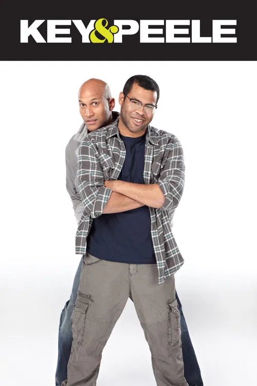 The poster features two men in casual attire against a stark white background, exuding a relaxed yet confident vibe. The bold black text at the top reads "KEY & PEELE" in a striking font, anchoring the image. The overall composition suggests a humorous and approachable tone, inviting viewers to i...