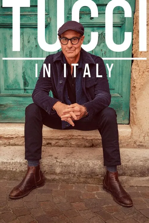 The poster features a man in a dark jacket and glasses sitting on stone steps, exuding an air of sophistication and calm. The bold "TUCCI" text in white dominates the top, while "IN ITALY" is elegantly placed below. The muted green door and earthy tones create a timeless, sophisticated mood, sugg...