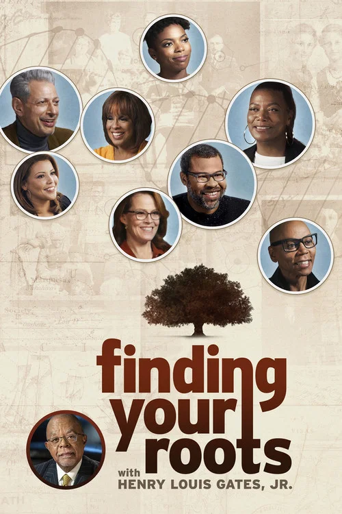 The poster features a confident Black man in a dark suit with a yellow tie, exuding authority and strength. The warm, golden background suggests a sense of heritage and tradition. Bold white text reads "Finding Your Roots," emphasizing the show's focus on cultural identity and family history.