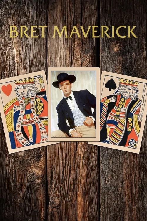 The poster features a man in a cowboy hat and suit against a warm, sunset-hued desert background. The title "Bret Maverick" is prominently displayed at the top in bold, metallic lettering. The overall mood is rugged and adventurous, evoking a classic western theme.