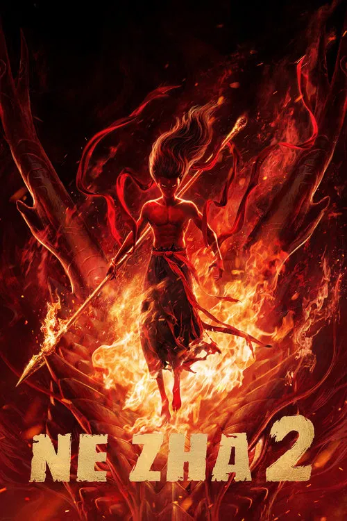 A young warrior stands defiantly against a swirling ocean, wielding a staff amidst flames and dragons. The vibrant colors of red, blue, and gold create a dynamic and intense atmosphere. The poster conveys a sense of epic adventure and mythical power.