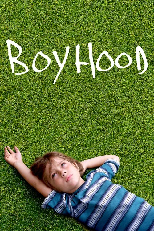 The poster features a young boy lying on a vibrant green lawn, his head tilted back and eyes closed in a peaceful, dreamy pose. The title "Boyhood" is elegantly written in white script against the lush grass, evoking a sense of innocence and nostalgia.