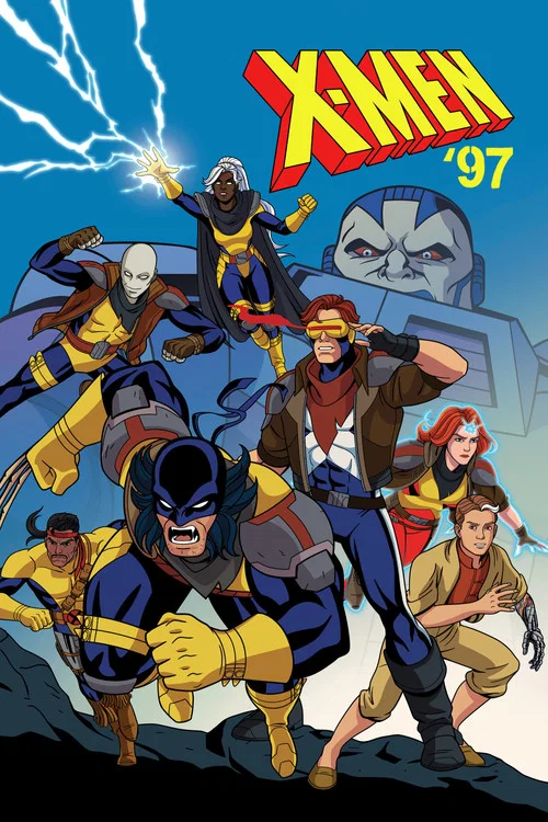 This vibrant poster showcases a dynamic scene from "X-Men '97," featuring iconic characters in action poses against a dramatic backdrop. The bold red and yellow "X-Men '97" logo stands out prominently, while colorful figures like Wolverine and Storm add energy to the composition. The overall mood...