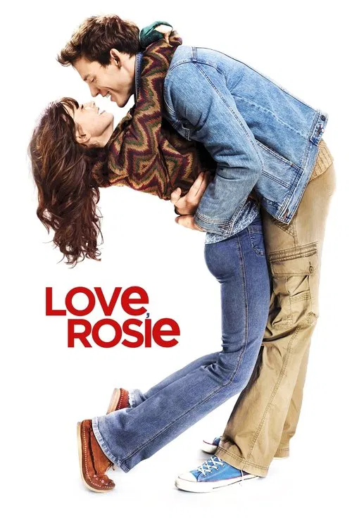 The poster features a tender embrace between a smiling woman in a red sweater and a man in a navy suit, conveying warmth and affection. Bold red text at the top reads "LOVE, ROSIE," setting a romantic tone.