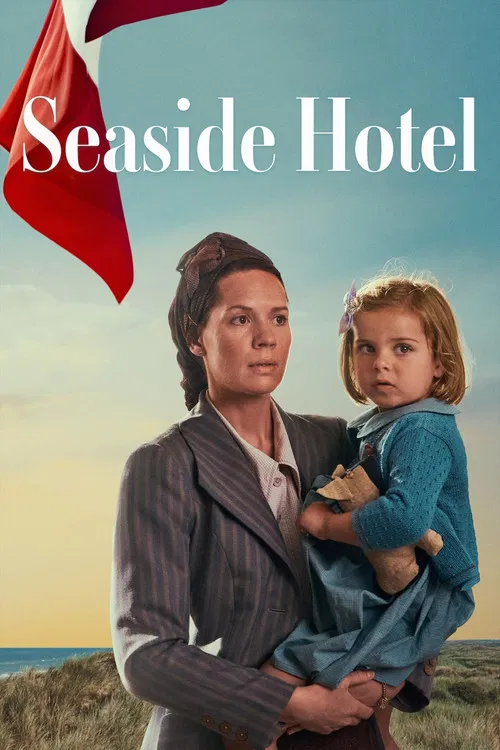 The poster features a group of people in period clothing against a bright blue sky, evoking a nostalgic seaside atmosphere. Below them, a charming thatched-roof hotel sits on a grassy beach with a flag waving in the wind. The warm colors and serene setting suggest a cozy, relaxing vacation experi...