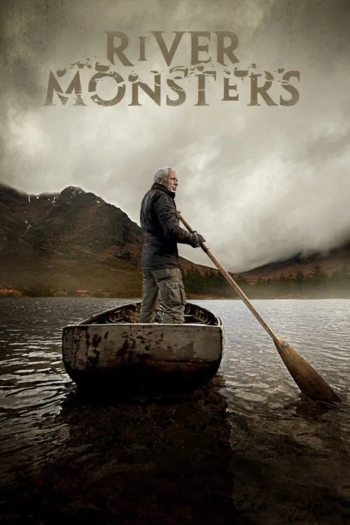 A lone man in a worn-out boat paddles across a murky lake, surrounded by misty mountains under a gloomy sky. The muted earth tones and somber mood evoke a sense of mystery and isolation.