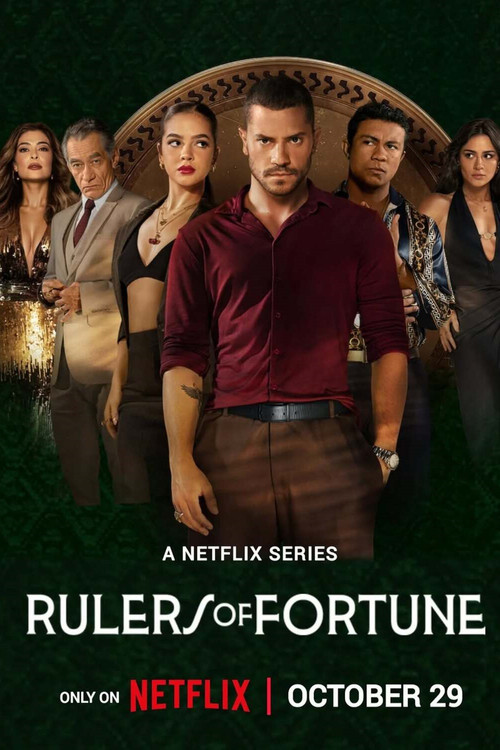 The poster features three characters in a dramatic pose against a rich, ornate background. The central figure wears a maroon shirt, symbolizing power and wealth. The vibrant colors of the characters' attire and the ornate design evoke an atmosphere of intrigue and ambition. The title "Rulers of F...