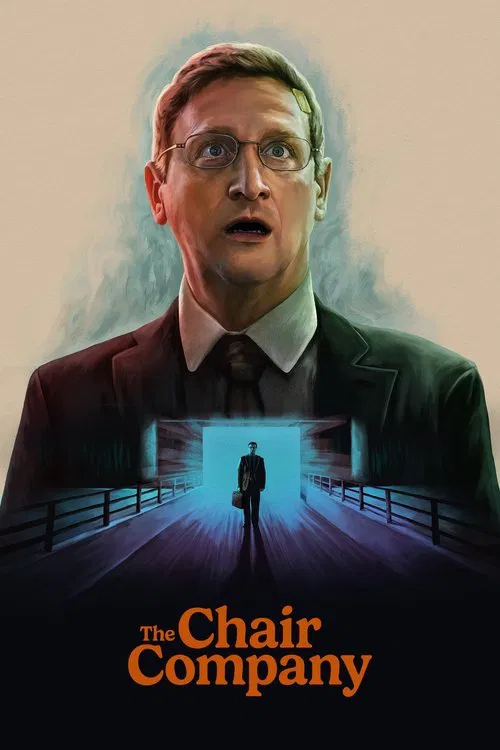 The poster features a man in a suit with a mysterious, ethereal figure behind him, creating a suspenseful atmosphere. The warm tones of the background contrast with the cool blue hues of the distant doorway, suggesting a blend of mystery and intrigue.