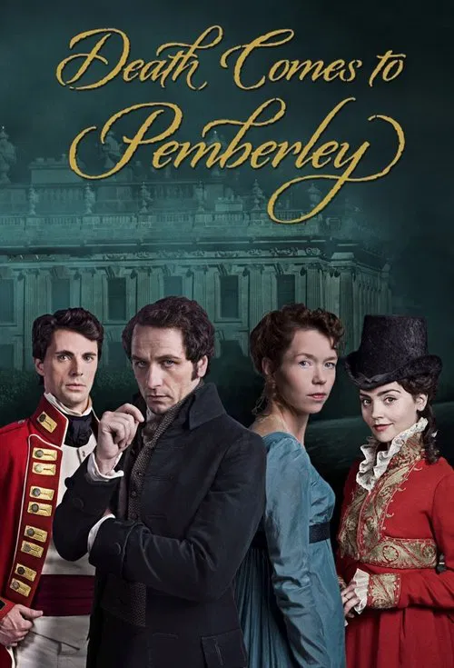 This TV poster for "Death Comes to Pemberley" features four elegantly dressed characters against a backdrop of a grand, misty mansion. The warm tones of the clothing contrast with the cool, dark green background, creating a mysterious and timeless atmosphere. The characters' poised expressions an...