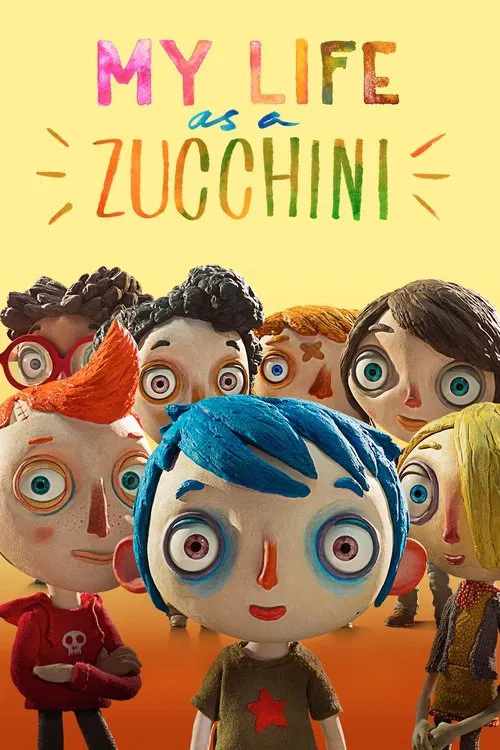 This vibrant movie poster features a group of animated characters with expressive faces and colorful outfits, set against a warm yellow background. The playful and whimsical design conveys a lighthearted and fun atmosphere, suggesting a comedy or animated adventure.