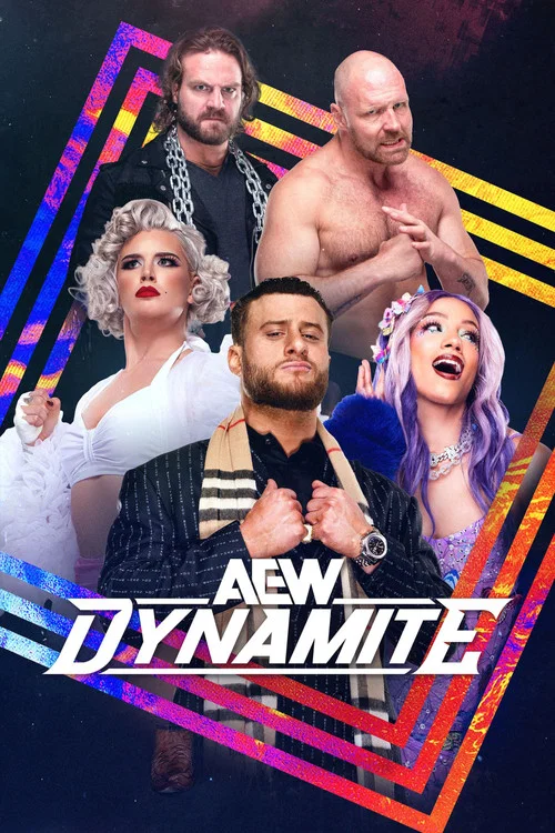 This energetic poster features a dynamic collage of wrestlers in action poses against a vibrant, neon-lit background. The bold, colorful typography and intense expressions convey a high-octane, action-packed atmosphere. The mix of modern and retro aesthetics suggests a blend of contemporary wrest...