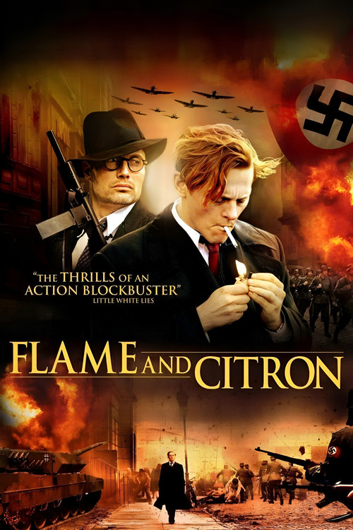 This poster captures the gritty atmosphere of World War II with a Nazi flag and swastika, featuring two men in period clothing against a fiery backdrop. The tagline hints at a dark, historical drama, while the soldiers in the background evoke a sense of chaos and conflict.