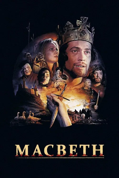 This poster features a dramatic scene with a crowned figure in the foreground, surrounded by shadowy, ghostly figures that suggest a supernatural or ominous atmosphere. The warm golden hues of the background contrast with the dark tones of the foreground, creating a sense of mystery and forebodin...