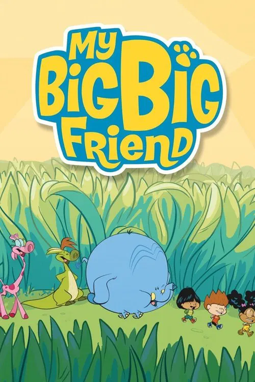 This vibrant poster features a cheerful scene with four children playing in a lush green field. The title "My Big Big Friend" is prominently displayed in playful, colorful letters. The overall mood is joyful and inviting, capturing the essence of childhood friendship and adventure.