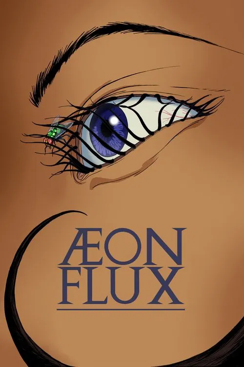 The poster features a striking close-up of an eye with intricate, swirling patterns around the iris, symbolizing transformation and mystery. The warm brown background enhances the dramatic and mysterious mood, while the bold, stylized text "Æon Flux" anchors the composition, hinting at a cosmic o...