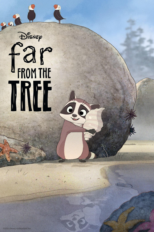 The poster features a charming raccoon sitting on a large rock, surrounded by vibrant colors like blue sky, green trees, and warm orange sunset. Birds perch atop the rock, adding life to the scene. The playful and whimsical mood captures the essence of a beloved children's story.