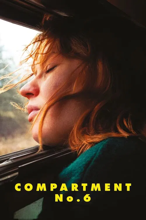 The poster features a woman with red hair leaning against a train window, her face partially in shadow. The warm, golden lighting creates a nostalgic atmosphere, while the bold yellow text "COMPARTMENT No. 6" anchors the image.